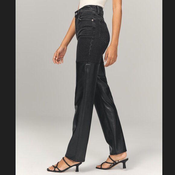 Abercrombie Women's Mixed Fabric Ultra High Rise 90s Straight Jean 14/33 Black - Picture 2 of 12